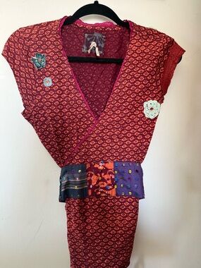 Free People Red Patterned Wrap Tunic with Patchwork Waist
